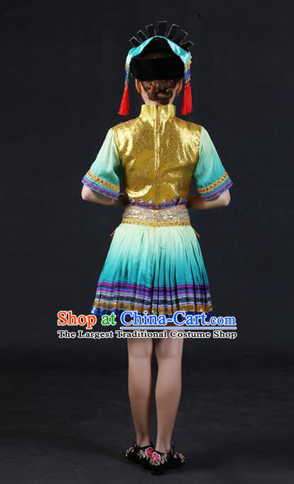 Chinese Traditional Yao Nationality Stage Show Green Short Dress Ethnic Minority Folk Dance Costume for Women