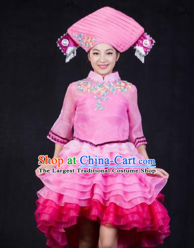 Chinese Traditional Zhuang Nationality Stage Show Pink Short Dress Ethnic Minority Folk Dance Costume for Women