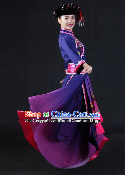Chinese Traditional Zhuang Nationality Stage Show Purple Dress Ethnic Minority Folk Dance Costume for Women