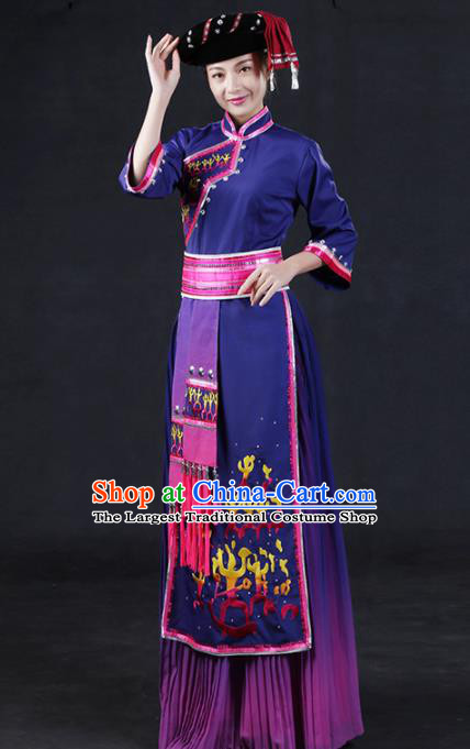 Chinese Traditional Zhuang Nationality Stage Show Purple Dress Ethnic Minority Folk Dance Costume for Women