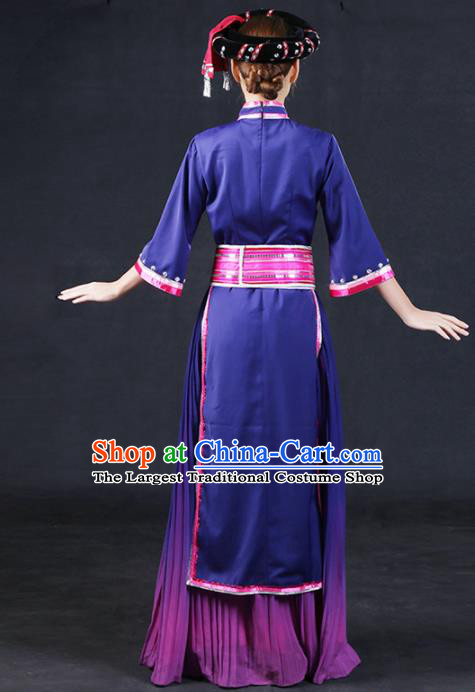 Chinese Traditional Zhuang Nationality Stage Show Purple Dress Ethnic Minority Folk Dance Costume for Women