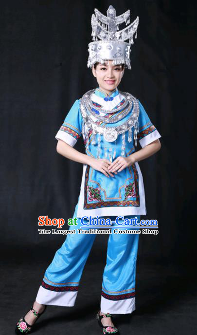Chinese Traditional Shui Nationality Blue Dress Ethnic Minority Folk Dance Stage Show Costume for Women