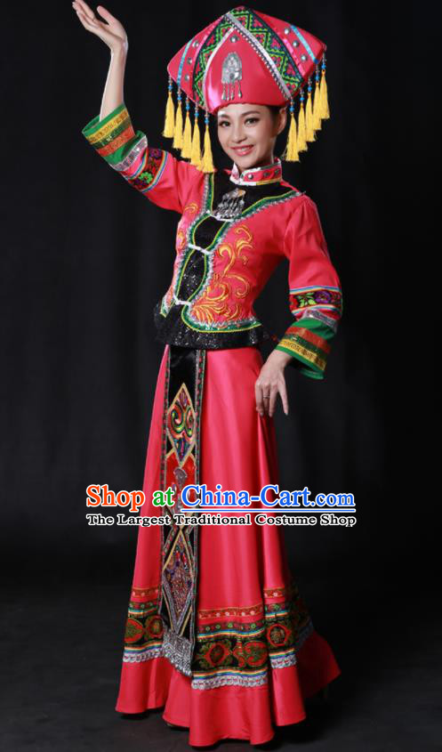 Chinese Traditional Guangxi Zhuang Nationality Rosy Dress Ethnic Minority Folk Dance Stage Show Costume for Women