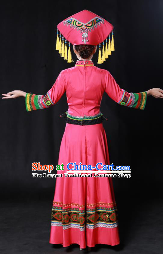 Chinese Traditional Guangxi Zhuang Nationality Rosy Dress Ethnic Minority Folk Dance Stage Show Costume for Women