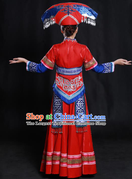 Chinese Traditional Guangxi Zhuang Nationality Red Dress Ethnic Minority Folk Dance Stage Show Costume for Women