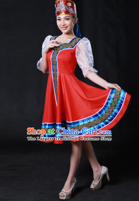Chinese Traditional Russian Nationality Red Short Dress Ethnic Minority Folk Dance Stage Show Costume for Women