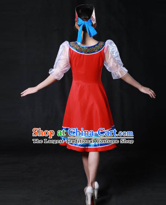 Chinese Traditional Russian Nationality Red Short Dress Ethnic Minority Folk Dance Stage Show Costume for Women