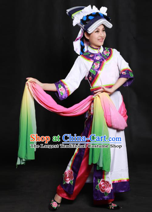 Chinese Traditional Qiang Nationality White Long Dress Ethnic Minority Folk Dance Stage Show Costume for Women