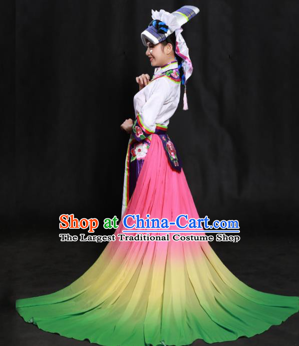 Chinese Traditional Qiang Nationality White Long Dress Ethnic Minority Folk Dance Stage Show Costume for Women
