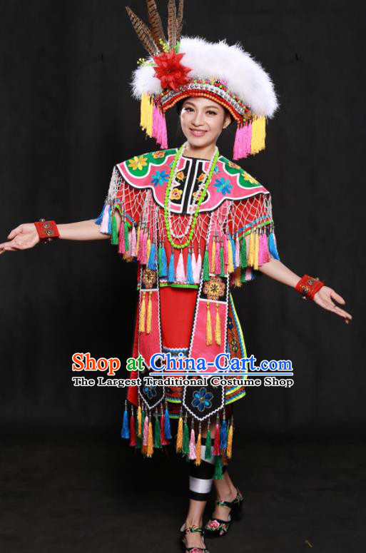 Chinese Traditional Gaoshan Nationality Red Short Dress Ethnic Minority Folk Dance Stage Show Costume for Women