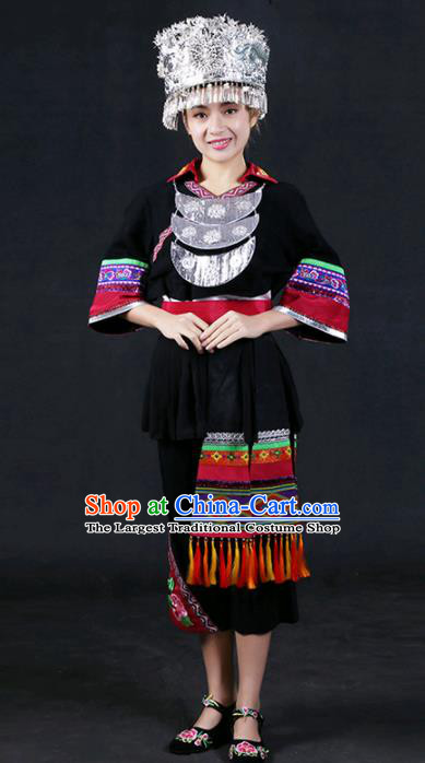 Chinese Traditional Miao Nationality Stage Show Black Dress Ethnic Minority Folk Dance Costume for Women