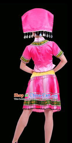Chinese Traditional Zhuang Nationality Pink Short Dress Ethnic Minority Folk Dance Stage Show Costume for Women