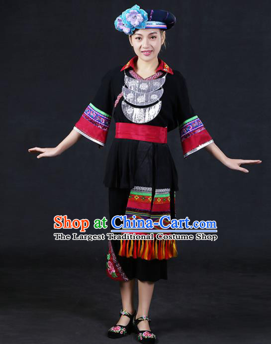 Chinese Traditional Miao Nationality Stage Show Black Dress Ethnic Minority Folk Dance Costume for Women