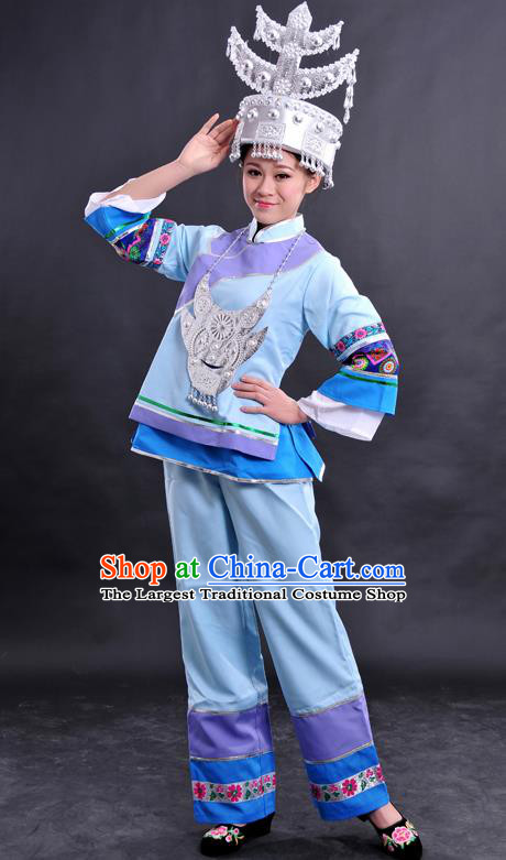 Chinese Traditional Shui Nationality Light Blue Dress Ethnic Minority Folk Dance Stage Show Costume for Women