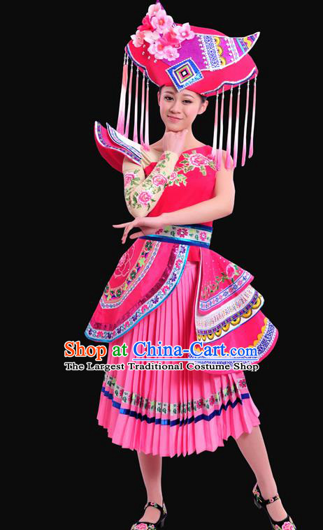 Chinese Traditional Zhuang Nationality Pink Dress Ethnic Minority Folk Dance Stage Show Costume for Women