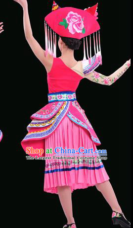 Chinese Traditional Zhuang Nationality Pink Dress Ethnic Minority Folk Dance Stage Show Costume for Women
