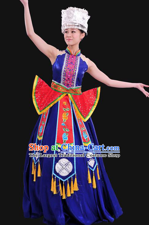 Chinese Traditional Miao Nationality Royalblue Dress Ethnic Minority Folk Dance Stage Show Costume for Women