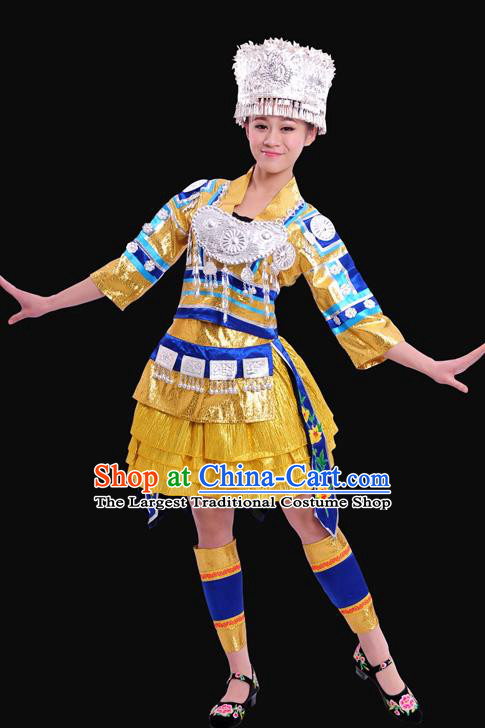 Chinese Traditional Miao Nationality Golden Short Dress Ethnic Minority Folk Dance Stage Show Costume for Women