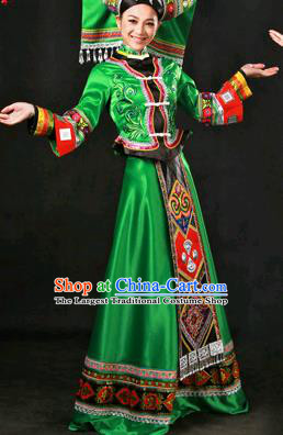 Chinese Traditional Zhuang Nationality Green Dress Ethnic Minority Folk Dance Stage Show Costume for Women