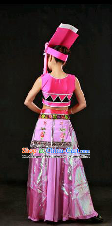 Chinese Traditional Qiang Nationality Pink Dress Ethnic Minority Folk Dance Stage Show Costume for Women