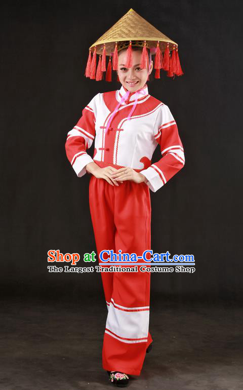 Chinese Traditional Maonan Nationality Red Outfits Ethnic Minority Folk Dance Stage Show Costume for Women