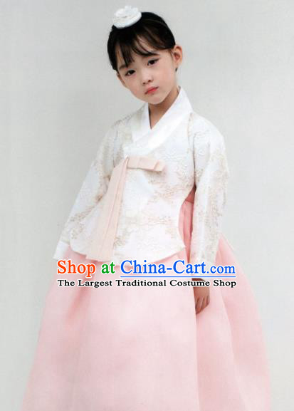 Korean Traditional Hanbok Princess White Blouse and Pink Dress Outfit Asian Korea Fashion Costume for Kids