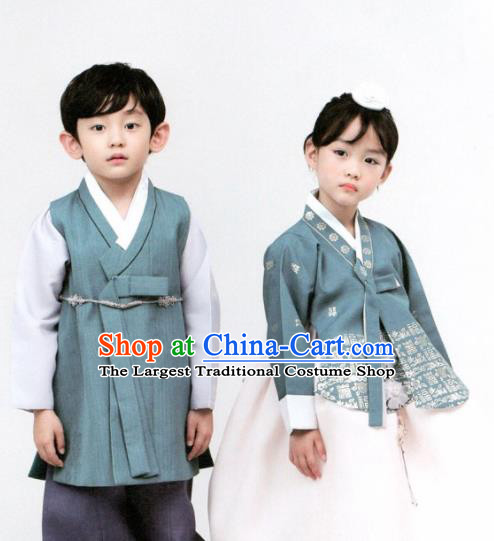 Korean Traditional Hanbok Birthday Blue Outfit Asian Korea Fashion Costume for Kids
