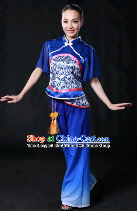 Chinese Spring Festival Gala Folk Dance Royalblue Outfits Traditional Fan Dance Compere Costume for Women