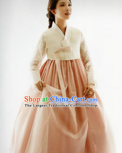 Korean Traditional Hanbok Bride Beige Blouse and Pink Dress Outfits Asian Korea Fashion Costume for Women