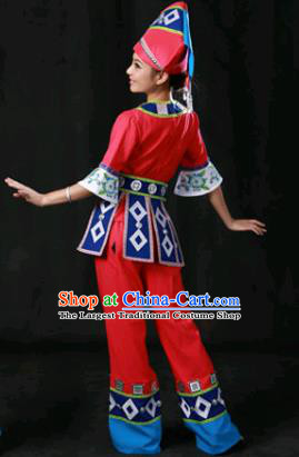 Chinese Traditional Zhuang Nationality Rosy Outfits Ethnic Minority Folk Dance Stage Show Costume for Women