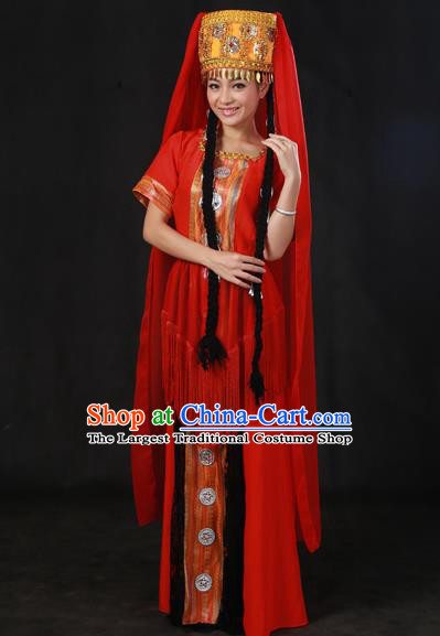 Chinese Traditional Tajik Nationality Red Dress Ethnic Minority Folk Dance Stage Show Costume for Women