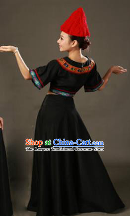 Chinese Traditional Gelao Nationality Black Dress Ethnic Minority Folk Dance Stage Show Costume for Women