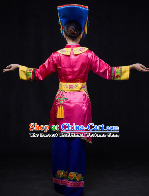 Chinese Traditional Qiang Nationality Rosy Outfits Ethnic Minority Folk Dance Stage Show Costume for Women