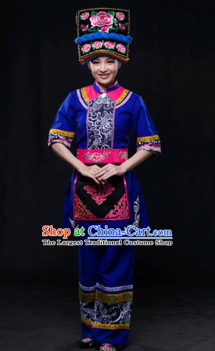 Chinese Traditional Qiang Nationality Deep Blue Outfits Ethnic Minority Folk Dance Stage Show Costume for Women