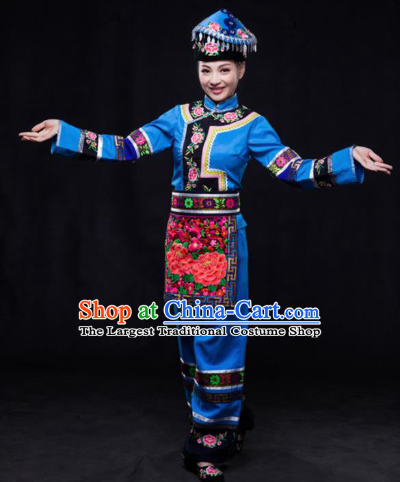 Chinese Traditional Maonan Nationality Blue Outfits Ethnic Minority Folk Dance Stage Show Costume for Women