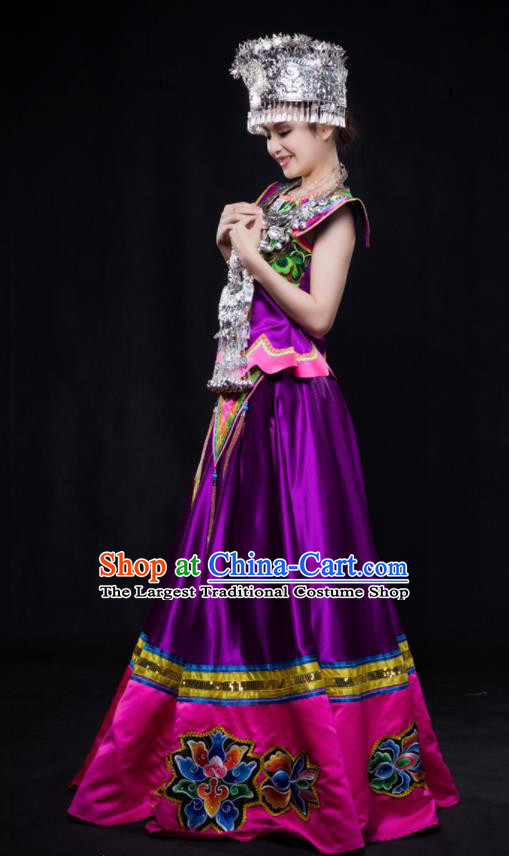Chinese Traditional Miao Nationality Wedding Purple Dress Ethnic Minority Folk Dance Stage Show Costume for Women