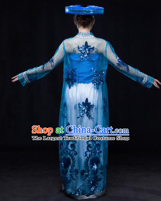 Chinese Traditional Jing Nationality Blue Outfits Ethnic Minority Folk Dance Stage Show Costume for Women