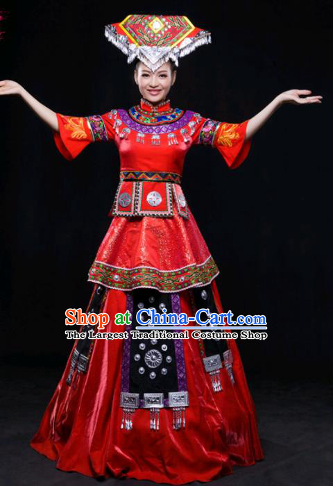 Chinese Traditional Zhuang Nationality Wedding Red Dress Ethnic Minority Folk Dance Stage Show Costume for Women