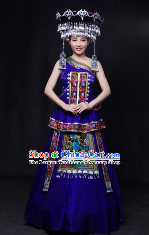 Chinese Traditional Miao Nationality Wedding Royalblue Dress Ethnic Minority Folk Dance Stage Show Costume for Women