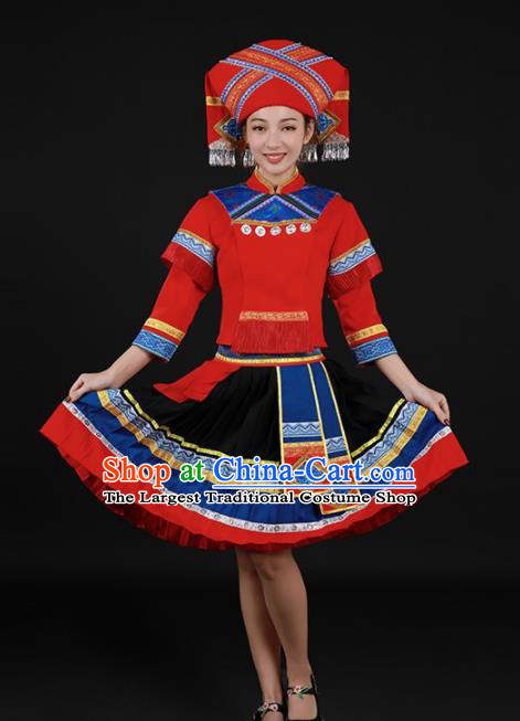 Chinese Traditional Zhuang Nationality Red Short Dress Ethnic Minority Folk Dance Stage Show Costume for Women