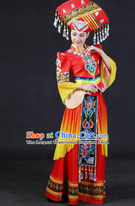 Chinese Traditional Zhuang Nationality Stage Show Red Long Dress Ethnic Minority Folk Dance Costume for Women