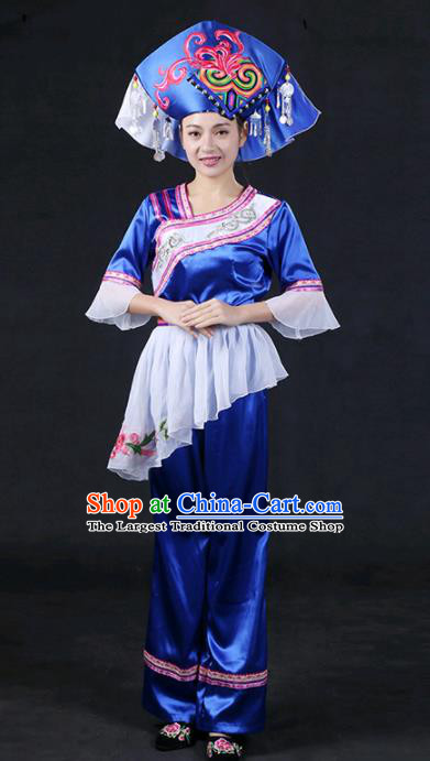 Chinese Traditional Zhuang Nationality Stage Show Royalblue Dress Ethnic Minority Folk Dance Costume for Women