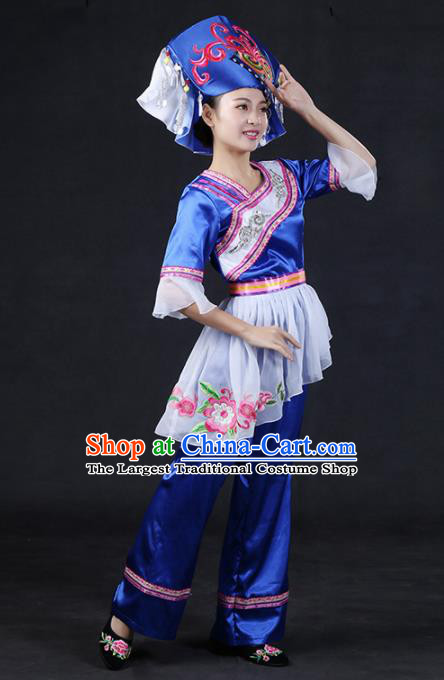 Chinese Traditional Zhuang Nationality Stage Show Royalblue Dress Ethnic Minority Folk Dance Costume for Women