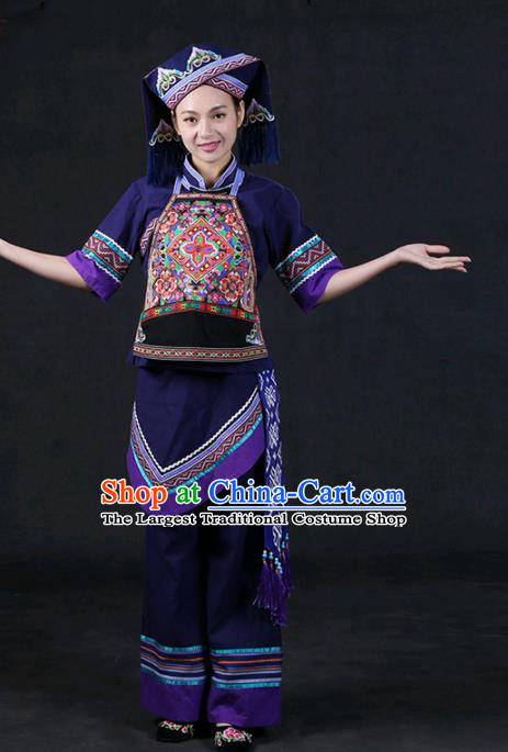 Chinese Traditional Zhuang Nationality Stage Show Purple Outfits Ethnic Minority Folk Dance Costume for Women