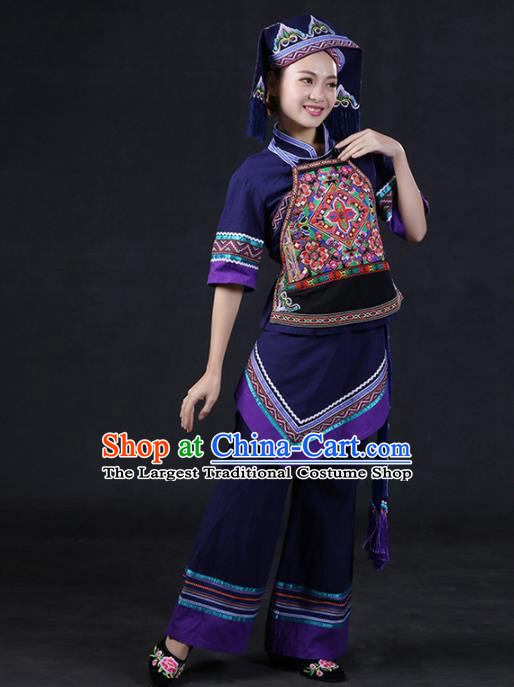 Chinese Traditional Zhuang Nationality Stage Show Purple Outfits Ethnic Minority Folk Dance Costume for Women
