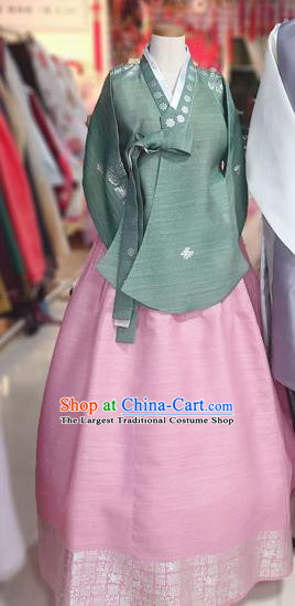 Korean Traditional Hanbok Court Green Blouse and Pink Dress Outfits Asian Korea Fashion Costume for Women