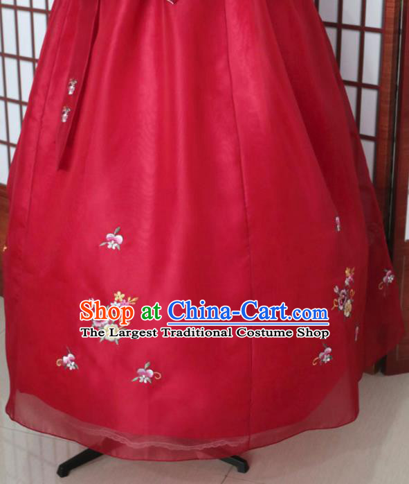 Korean Traditional Hanbok Light Blue Blouse and Red Dress Outfits Asian Korea Wedding Fashion Costume for Women
