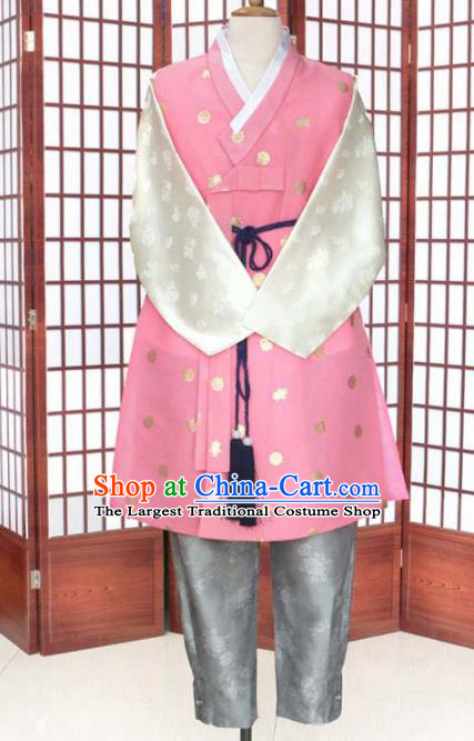Korean Traditional Pink Shirt and Grey Pants Hanbok Asian Korea Bridegroom Fashion Costume for Men