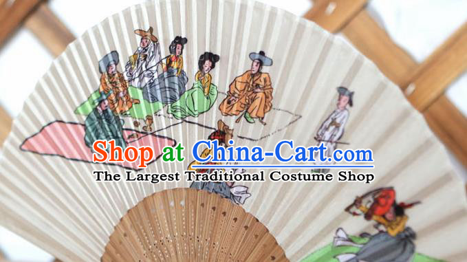 Korean Traditional Wood Folding Fan Asian Korea Folk Printing Paper Fans for Women
