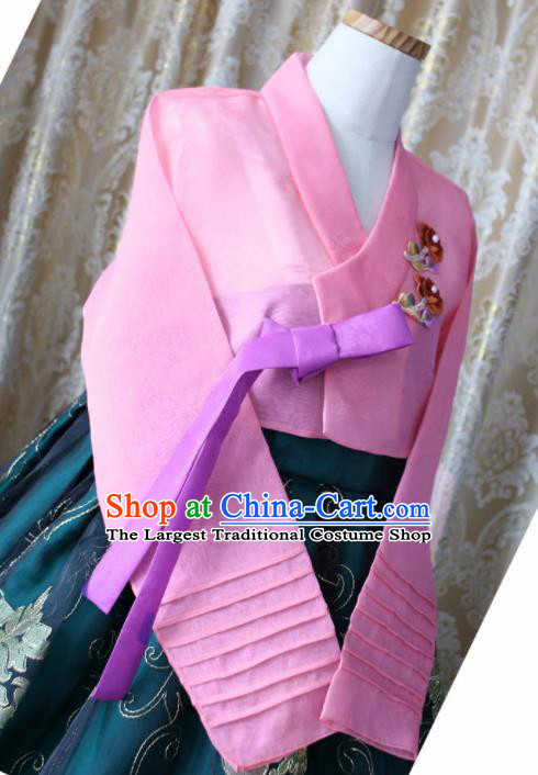 Korean Traditional Garment Hanbok Pink Blouse and Green Dress Outfits Asian Korea Fashion Costume for Women